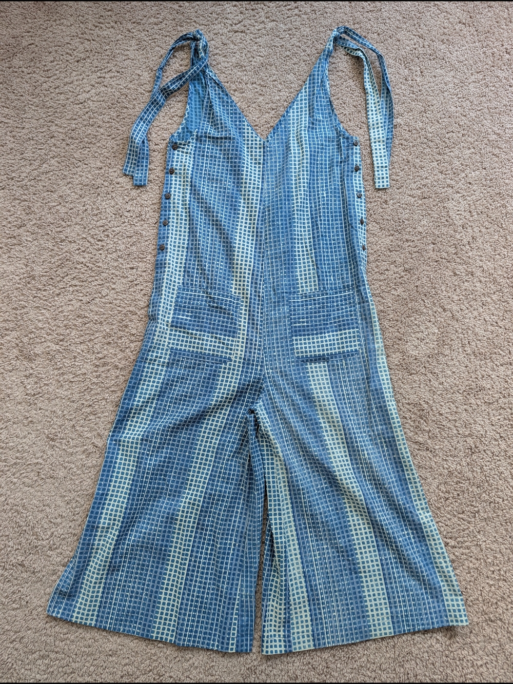 Anthropologie Kopal Womens Blue Checker Tie-Shoulder Wide Leg Jumpsuit Size XS - Picture 5 of 15